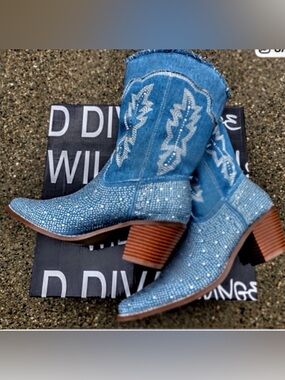 Wild Diva Women's Blue Denim and Rhinestone Western Boots raw hem